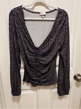 Willow Root Ribbed Ruched V-Neck Long Sleeve Top - Black & Grey Sz Large